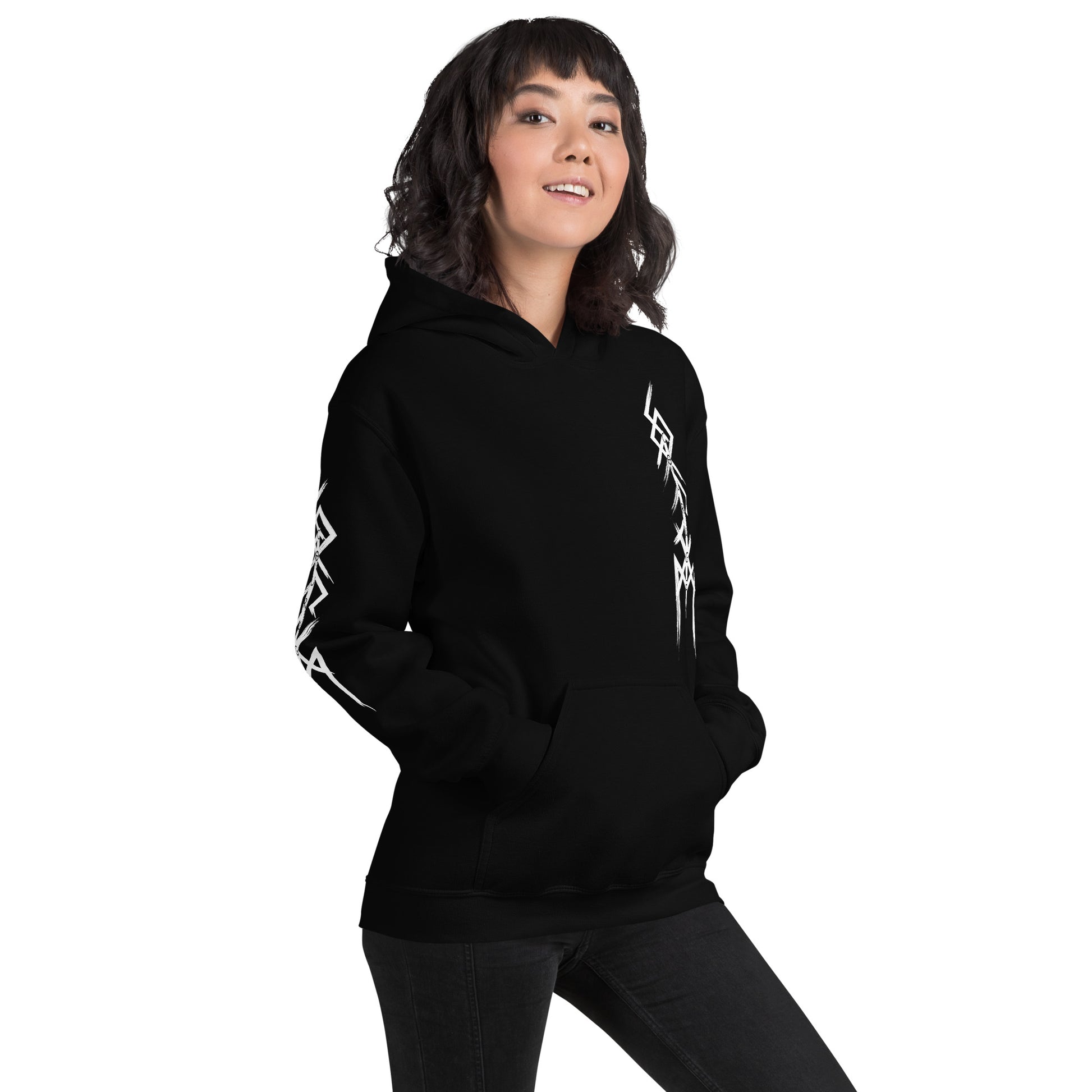 Product mockup of a black hoodie with the Viking Runes spelling out "Courage" in white brush strokes, with the English word spelled out in the center of the graphic.